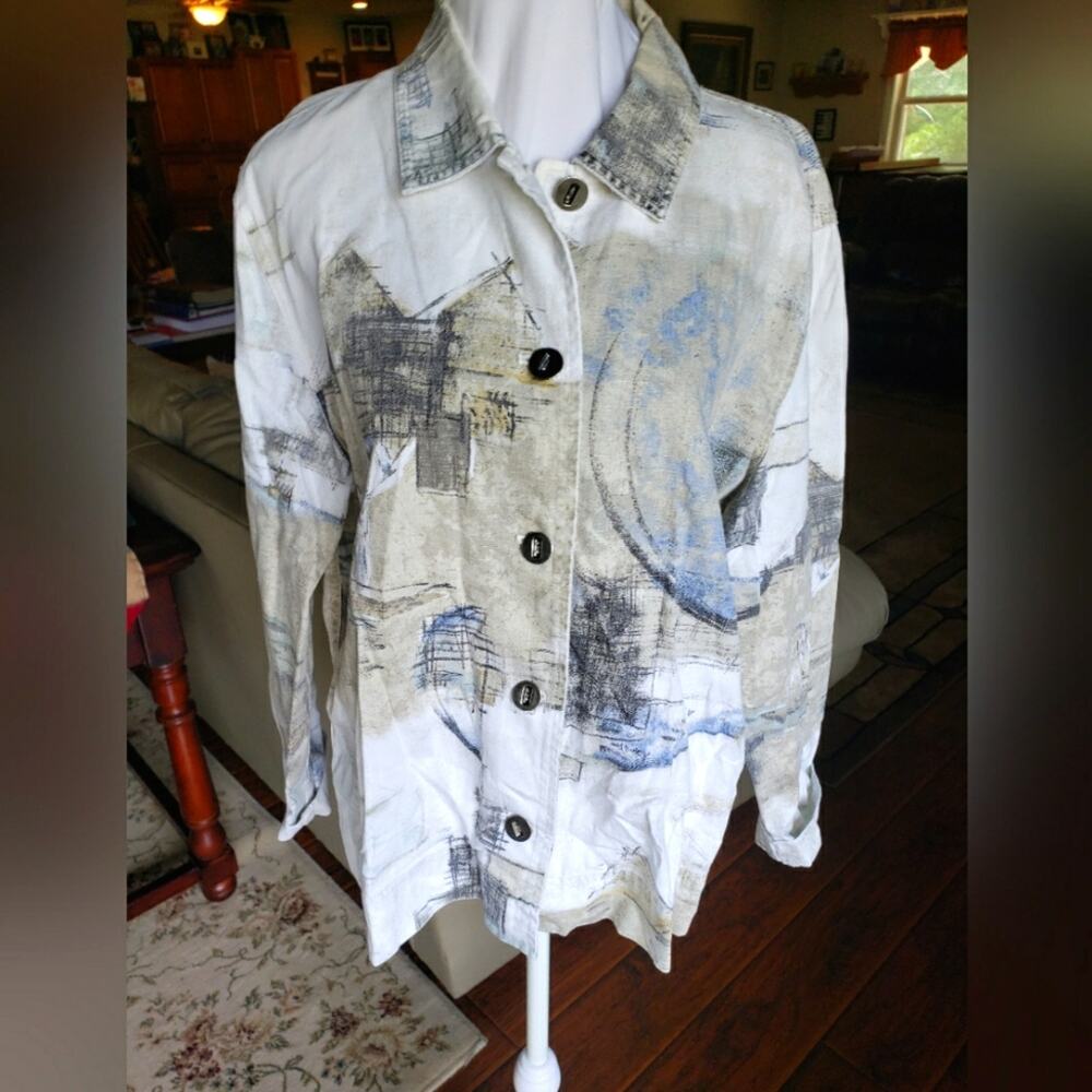 Chico's 2 (12 L) tan grey and blue long sleeve jacket